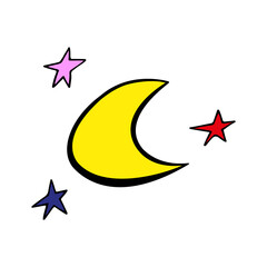 Moon and stars. Hand drawn vector illustration in doodle style, isolated on a white background.