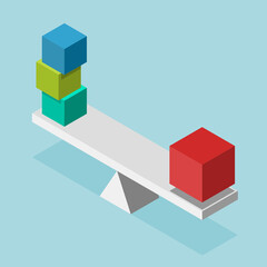 Uniqueness, balance, leadership and competition concept. Red isometric box and three ones on seesaw weight scale in equilibrium. Flat design. Vector illustration