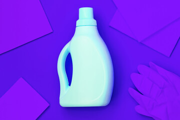 Blue bottle in the centre, dark blue rags, dark blue gloves on a dark blue background. Cleaning concept