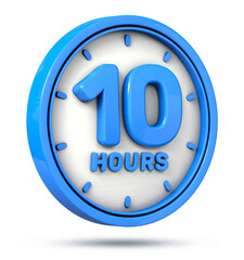 Blue 10 hours on white background. 10 hrs logo. 3d illustration.