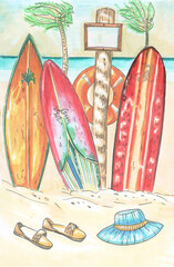 colored serf boads on the beach