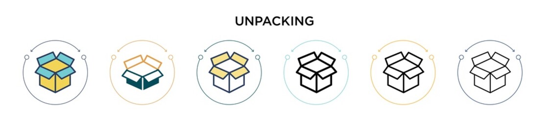 Unpacking icon in filled, thin line, outline and stroke style. Vector illustration of two colored and black unpacking vector icons designs can be used for mobile, ui, web - obrazy, fototapety, plakaty
