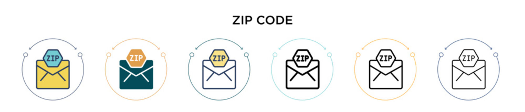 Zip code icon in filled, thin line, outline and stroke style. Vector illustration of two colored and black zip code vector icons designs can be used for mobile, ui, web