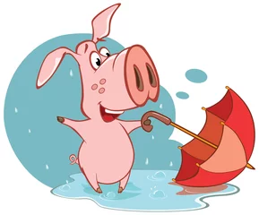Poster Vektor-Illustration eines niedlichen Cartoon-Charakter-Schweins und Regenschirm © liusa