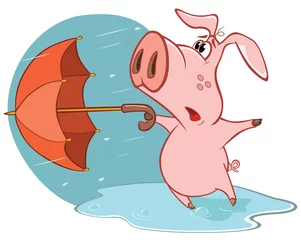 Foto auf Alu-Dibond Vektor-Illustration eines niedlichen Cartoon-Charakter-Schweins und Regenschirm © liusa