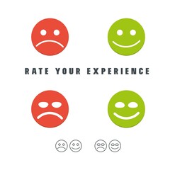 Rate your experience customer survey emoticons. Feedback good or bad. Positive or negative review. Vector illustration.
