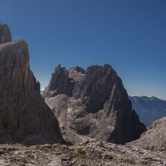 Cima di Roda mini mountain group with Cima di Ball and Cima val di Roda summits as seen on trail 709 from Rosetta refuge to Fradusto glacier , Pale di San Martino plateau, Dolomites, Trentino, Italy.