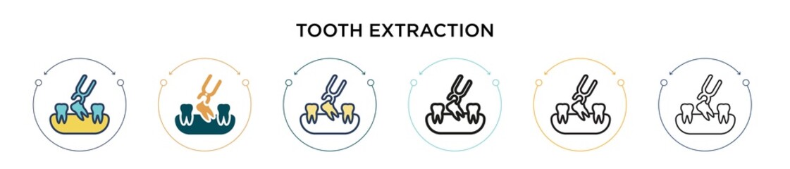 Tooth extraction icon in filled, thin line, outline and stroke style. Vector illustration of two colored and black tooth extraction vector icons designs can be used for mobile, ui, web