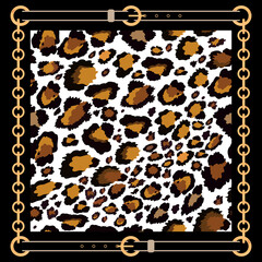 Vector pattern of baroque trend with golden chain and leather belts and leopard print on black background, Vintage patch for scarfs, print and fabric
