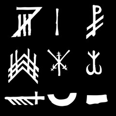 Set of Old Norse Scandinavian runes imaginary version. Runic alphabet symbols, futhark. Inspired by ancient occult symbols, vikings letters and runes. Vector. 