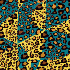 Vector Seamless pattern of leopard skin in free form shape on green and yellow background, Abstract wild Animals pattern for textile or wall paper, illutration leopard print