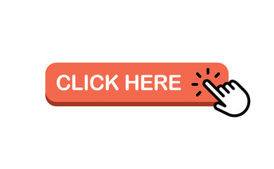 Click here button with hand clicking icon. Design template for website.