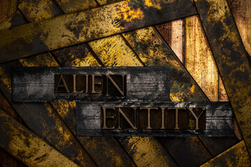 Alien Entity text formed with real authentic typeset letters on vintage textured silver grunge copper and gold background