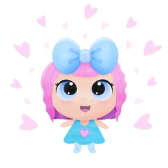 Cute funny cartoon girl with big blue bow on her head and pink big and small hearts around her. Digital hand drawn illustration isolated on white background. Good for card, print and web.