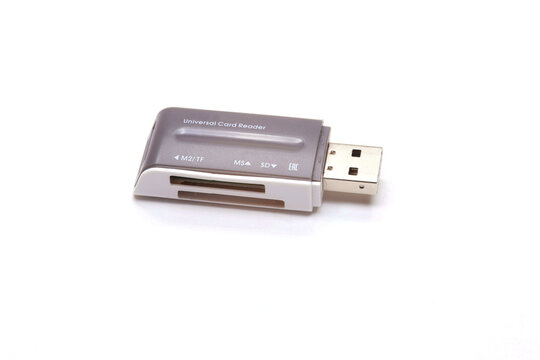 Universal USB cardreader for memory card SD,SDHC, MMC. Isolated on white background