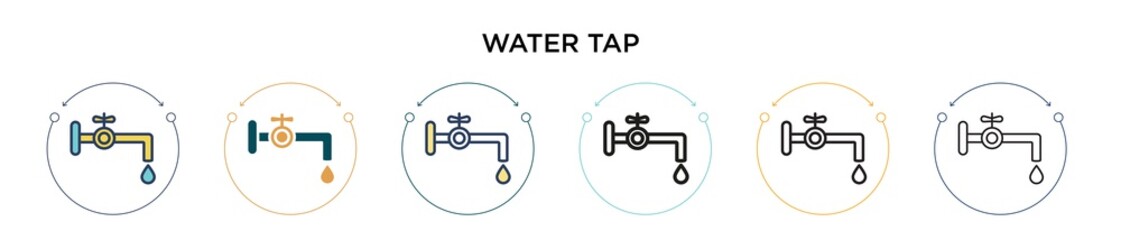 Water tap icon in filled, thin line, outline and stroke style. Vector illustration of two colored and black water tap vector icons designs can be used for mobile, ui, web