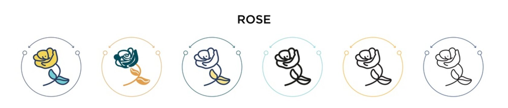Rose icon in filled, thin line, outline and stroke style. Vector illustration of two colored and black rose vector icons designs can be used for mobile, ui, web