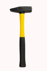 New two-tone hammer with rubber handle isolated on white background. The handle is black and yellow. Tools for carpentry. Images for design.