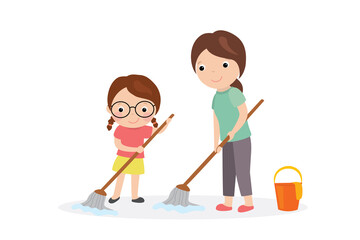 Happy mother and daughter wash the floor. Household concept isolated on white background.