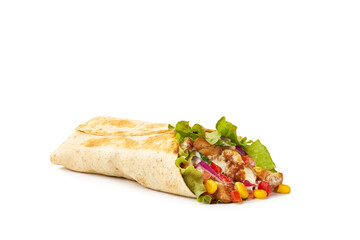Tortilla wrap with vegetables fried chicken meat and sauce