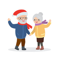 Cartoon elderly couple. Happy caucasian old people hold hands,characters isolated