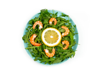 Shrimp, vegetable slices and greens for shrimp salad