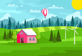 Beautiful Landscape house with balloon summer - Vector Illustration