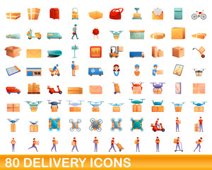 Fototapeta premium 80 delivery icons set. Cartoon illustration of 80 delivery icons vector set isolated on white background