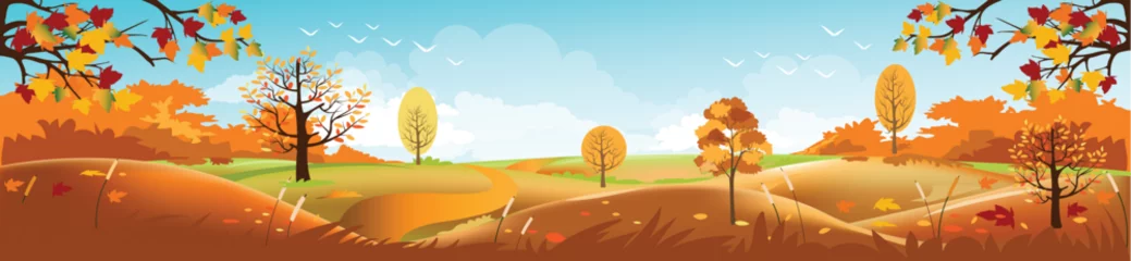 Foto op Plexiglas Panoramic of Countryside landscape in autumn, Vector illustration of horizontal banner of autumn landscape mountains and maple trees fallen with yellow foliage,Panorama autumn view in evening with sun © Anchalee