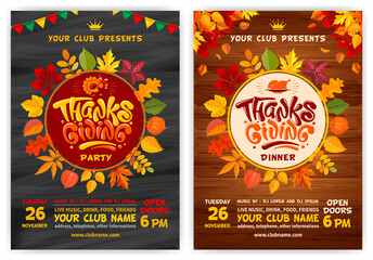 Set of vector templates for flyers or posters on Thanksgiving Day. Black chalkboard and wooden background with autumn leaves. Cheerful turkey, calligraphic inscription Thanksgiving and space for text.