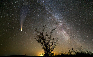 Night landscape with stars covered sky and C/2020 F3 (NEOWISE) comet with light tail.