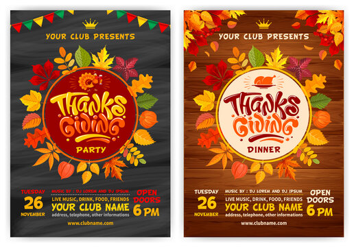 Set of vector templates for flyers or posters on Thanksgiving Day. Black chalkboard and wooden background with autumn leaves. Cheerful turkey, calligraphic inscription Thanksgiving and space for text.