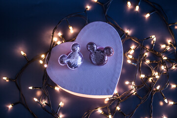 set of gifts for the new year close-up on the background of a garland