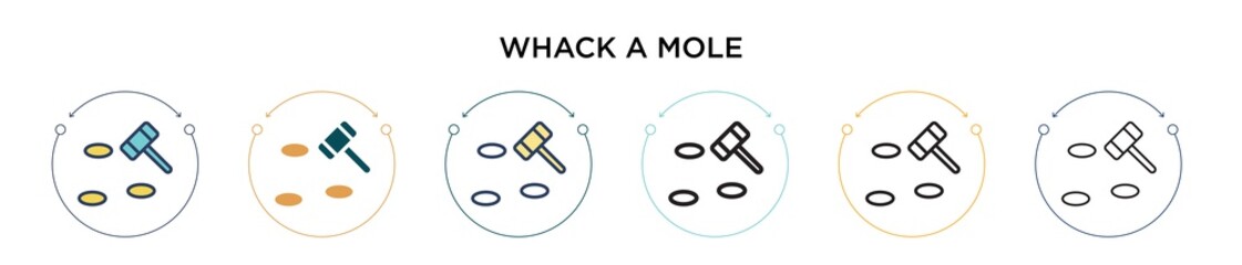 Whack a mole icon in filled, thin line, outline and stroke style. Vector illustration of two colored and black whack a mole vector icons designs can be used for mobile, ui, web