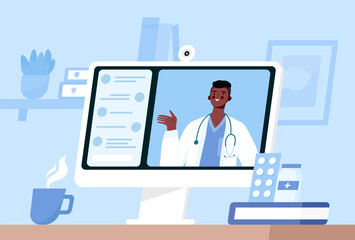 Online medical consultation, support. Online doctor. Healthcare services. Family male doctor with stethoscope on the computer screen. Vector illustration for websites landing page templates.