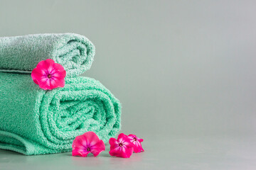 Obraz na płótnie Canvas two aquamarine towels lie on a gray-green background along with pink flowers.Rolled face cloths