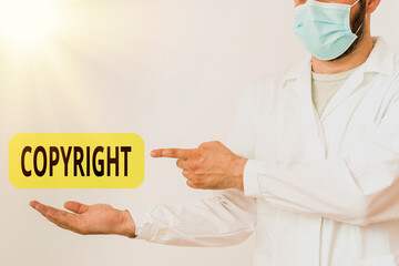 Word writing text Copyright. Business photo showcasing exclusive legal right to reproduce, publish,...