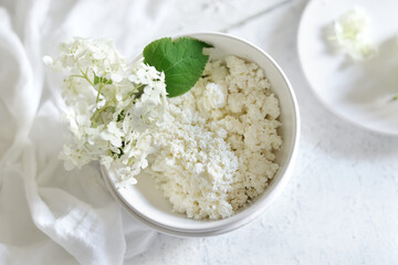 white fresh rustic cottage cheese decorated with a flower sprig in a white plate on a white background.  protein healthy diet eco product