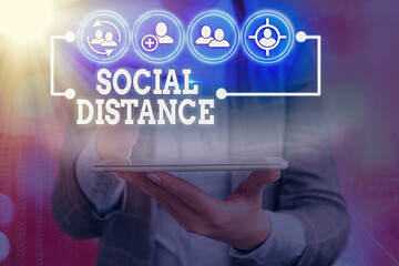 Writing note showing Social Distance. Business concept for maintaining a high interval physical distance for public health safety Information digital technology network infographic elements