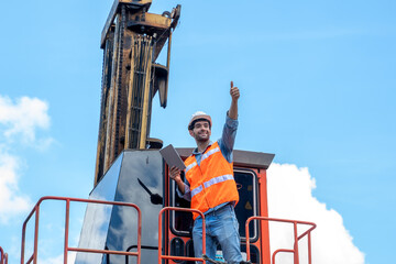 Container worker working and checking at container warehouse.