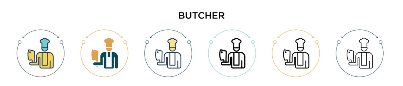 Butcher icon in filled, thin line, outline and stroke style. Vector illustration of two colored and black butcher vector icons designs can be used for mobile, ui, web