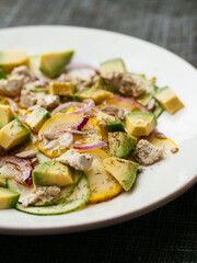 Zucchini salad with home made vegan feta cheese and avocado