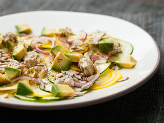 Zucchini salad with home made vegan feta cheese and avocado