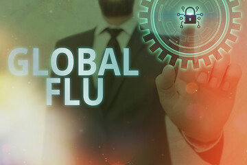 Writing note showing Global Flu. Business concept for Common communicable illness spreading over...