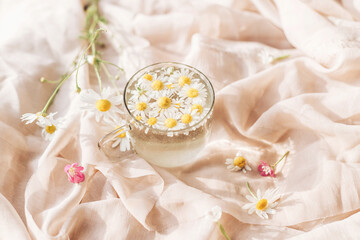 Fototapeta na wymiar Daisy flowers in water in glass cup on background of soft beige fabric with wildflowers. Tender floral aesthetic. Creative summer image with space for text. Bohemian mood