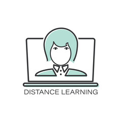 Distance learning. Girl. Vector line icon teacher, student. Template for a thematic site. 