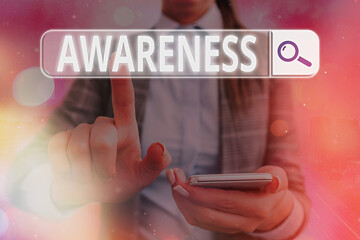 Conceptual hand writing showing Awareness. Concept meaning quality or state of being aware of knowledge and understanding Web search digital futuristic technology network connection