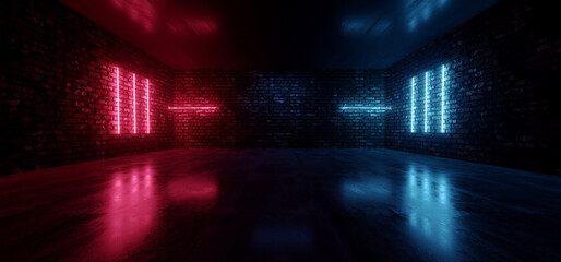 Retro Futuristic Neon Cyber Laser Fluorescent Blue Red Tube Lights Glowing On Old Club Night Dance Grunge Brick Wall Cement Concrete Floor Garage Underground Background 3D Rendering