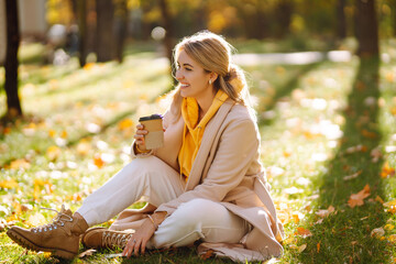 Portrait of a beautiful happy woman with coffee sitting in autumn park. Young girl enjoying rest and freedom. Relaxation and lifestyle concept.