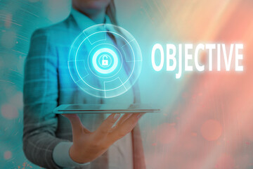 Text sign showing Objective. Business photo text expressing or dealing with facts or conditions as perceived Graphics padlock for web data information security application system